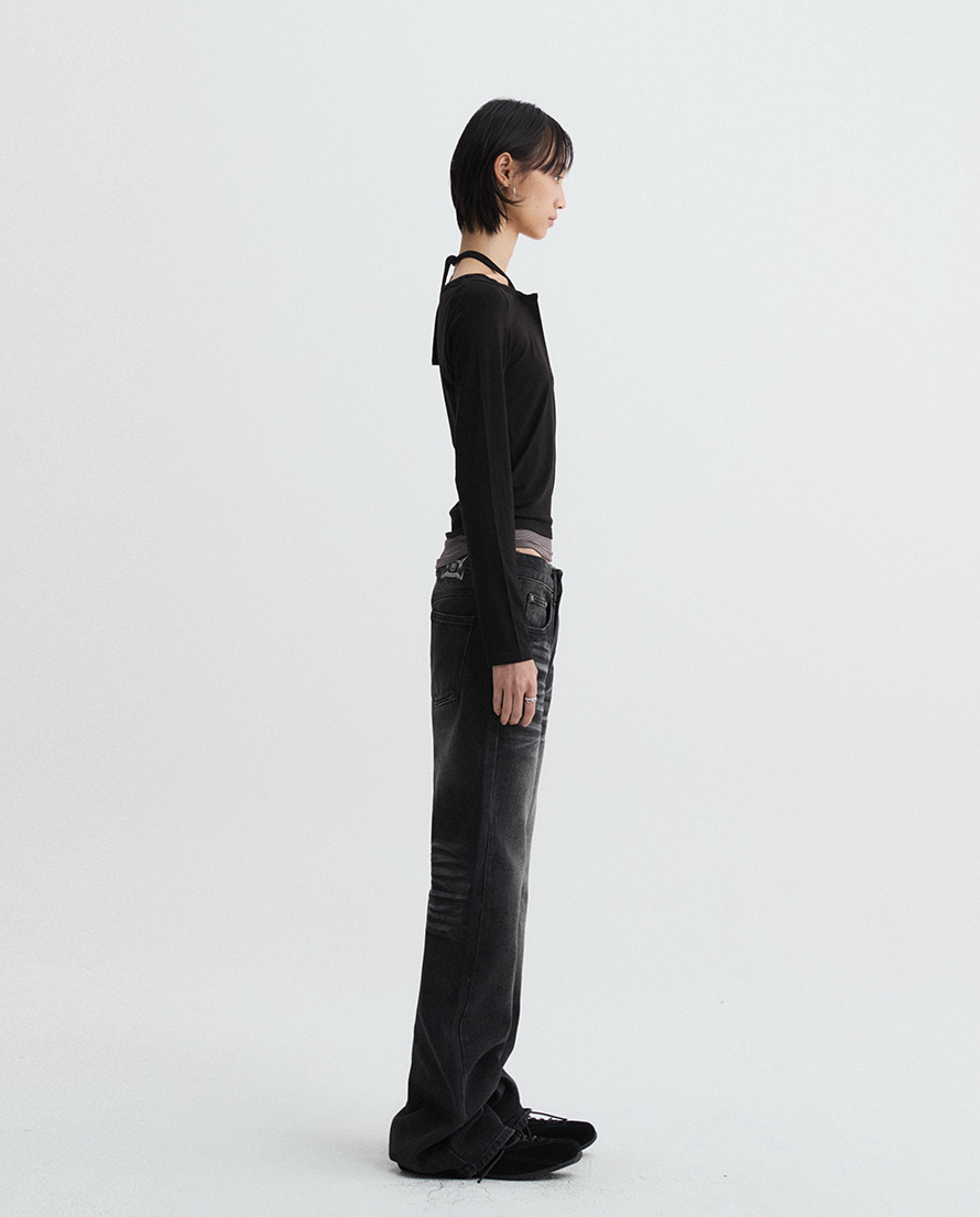 Layered Henley Neck Long Sleeve Black (FEMALE)