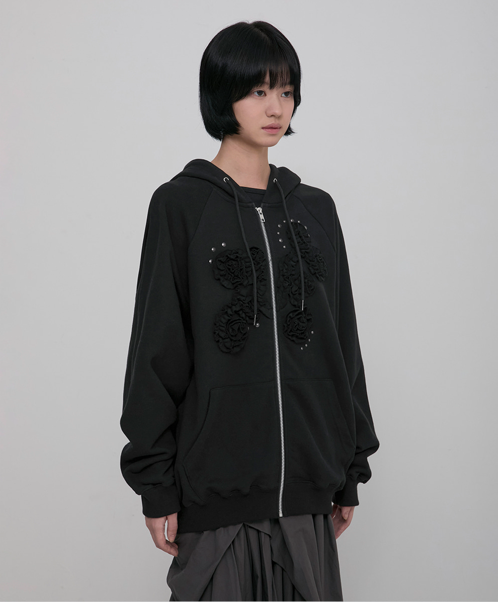 Ruffle Zip Hoodie (Black)
