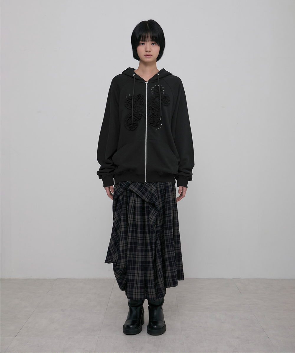 Ruffle Zip Hoodie (Black)