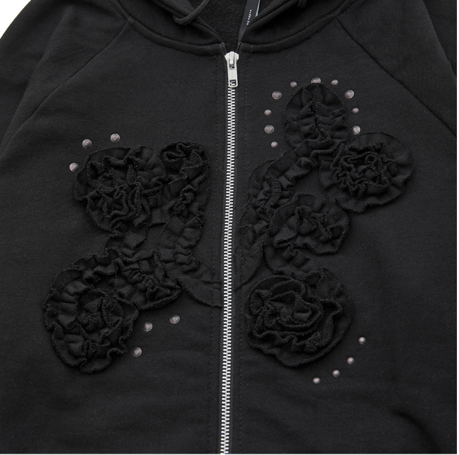 Ruffle Zip Hoodie (Black)