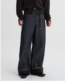 Leopard Hem Wide Denim Pants - Indigo
