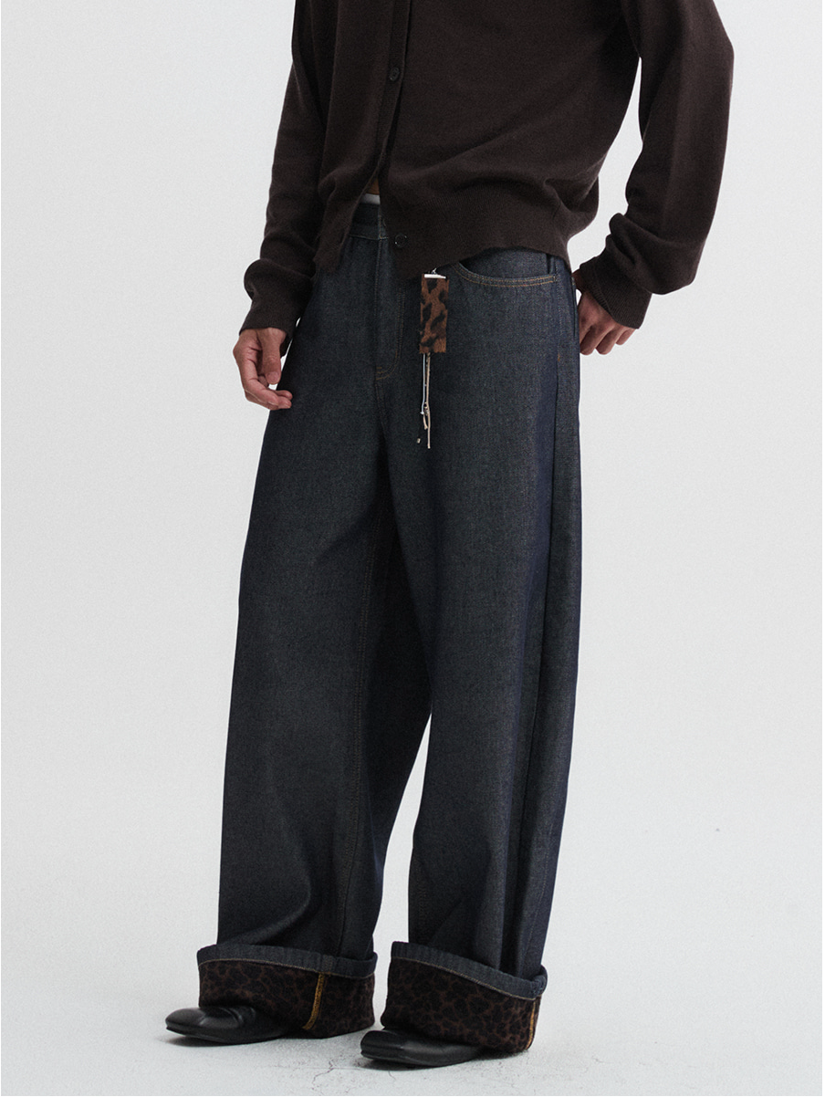 Leopard Hem Wide Denim Pants - Indigo