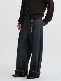 Leopard Hem Wide Denim Pants - Indigo