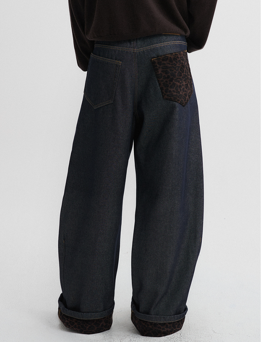 Leopard Hem Wide Denim Pants - Indigo