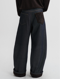 Leopard Hem Wide Denim Pants - Indigo