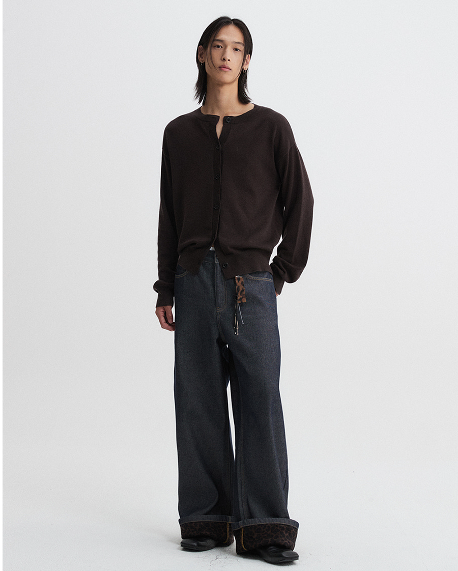 Leopard Hem Wide Denim Pants - Indigo