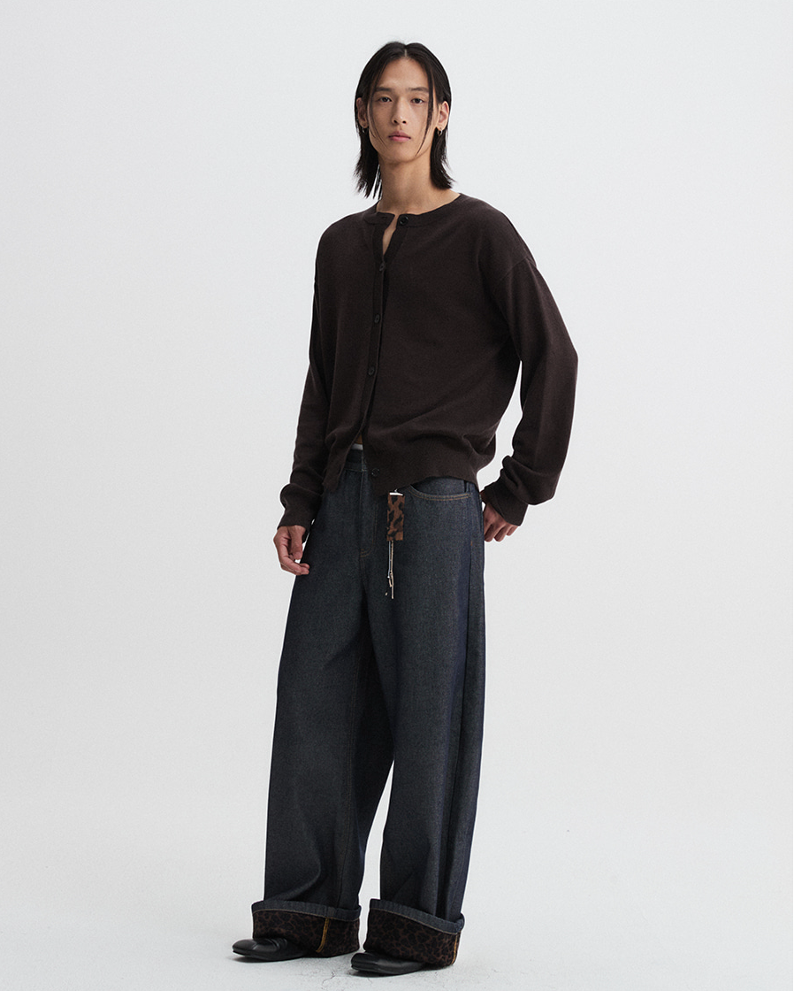 Leopard Hem Wide Denim Pants - Indigo