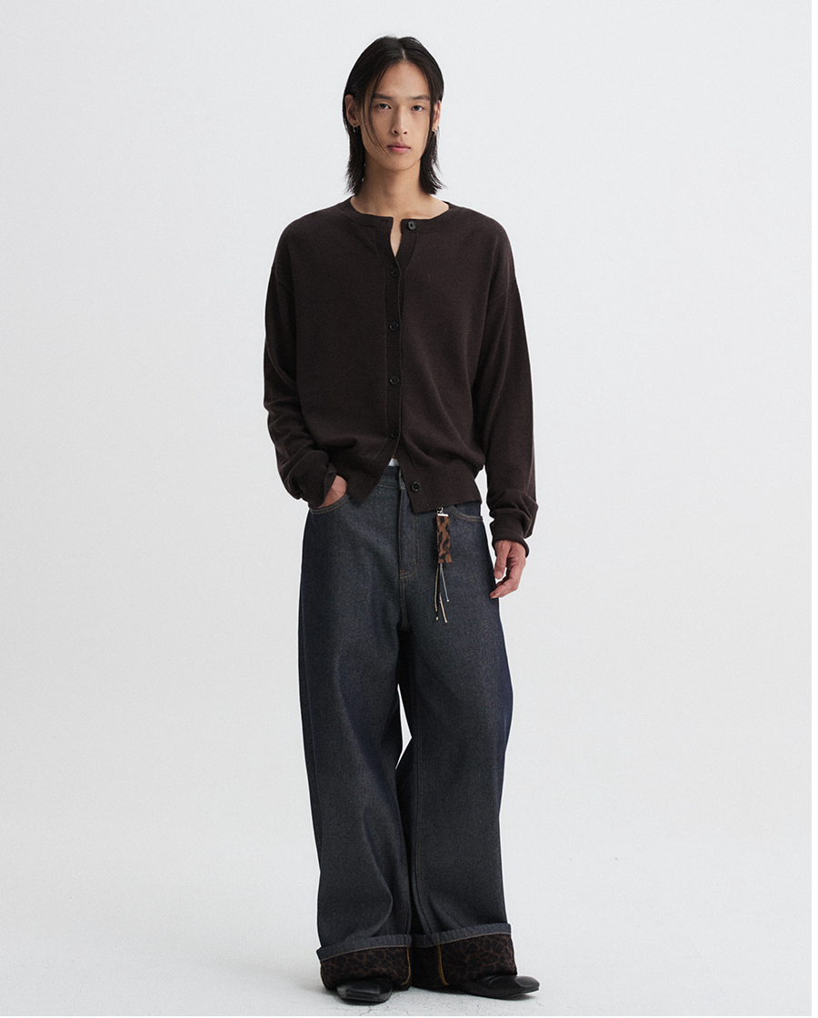 Leopard Hem Wide Denim Pants - Indigo