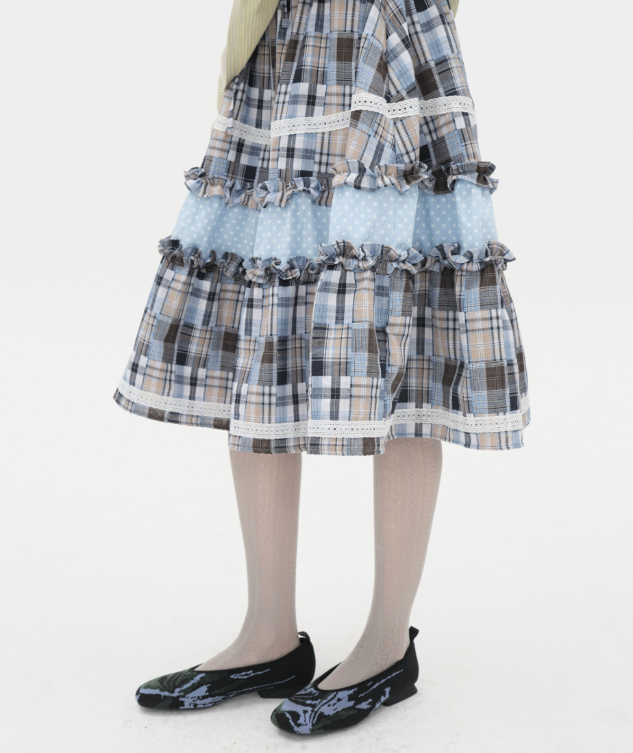 Lace Trim Ruffled Check Skirt [Blue]