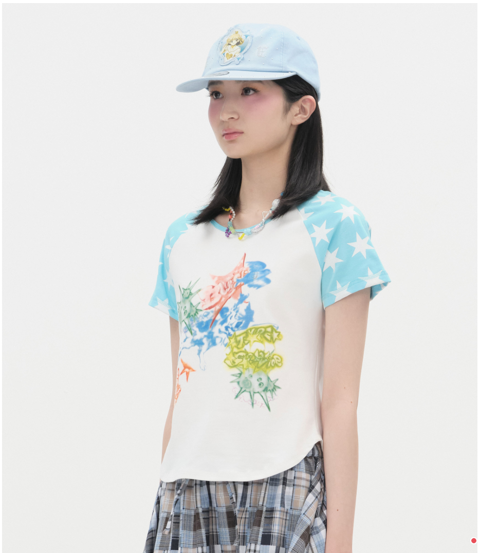 Star Sleeve Spray Raglan Top [Blue]