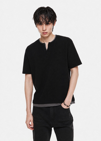 Layered Henley Neck Waffle T-Shirt (Black/Charcoal)
