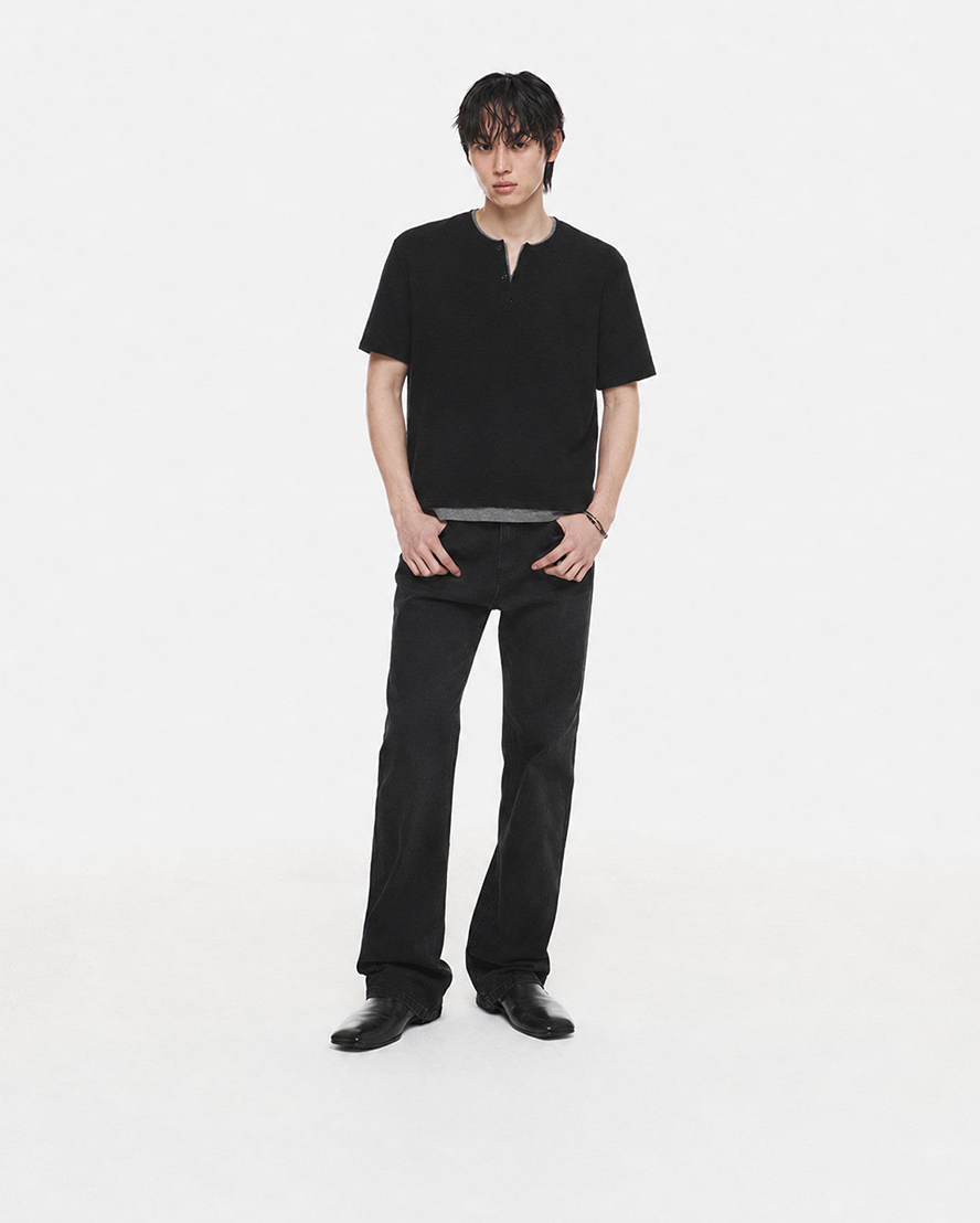 Layered Henley Neck Waffle T-Shirt (Black/Charcoal)