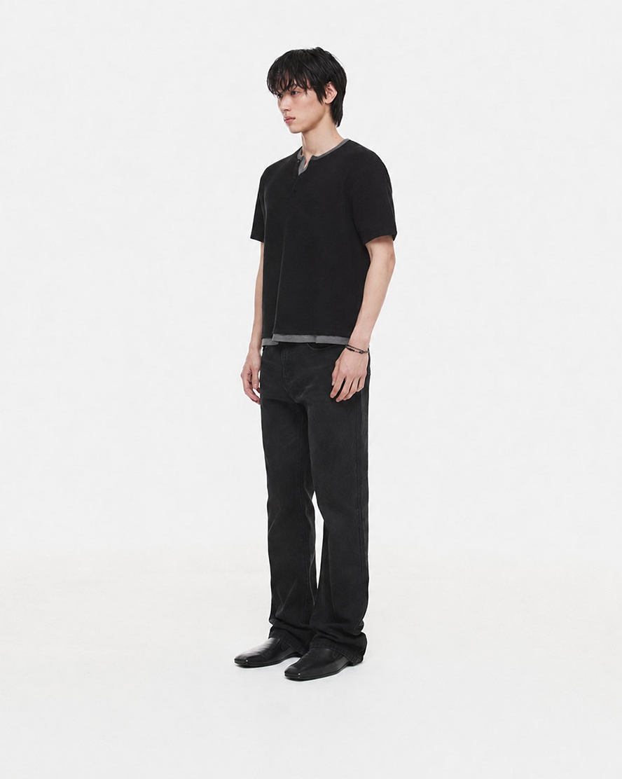 Layered Henley Neck Waffle T-Shirt (Black/Charcoal)