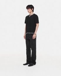 Layered Henley Neck Waffle T-Shirt (Black/Charcoal)