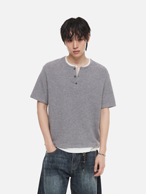 Layered Henley Neck Waffle T-Shirt (Olive)