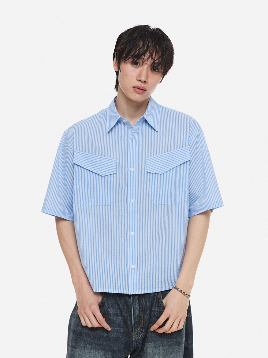 Linen Stripe Crop T-Shirt (Blue)