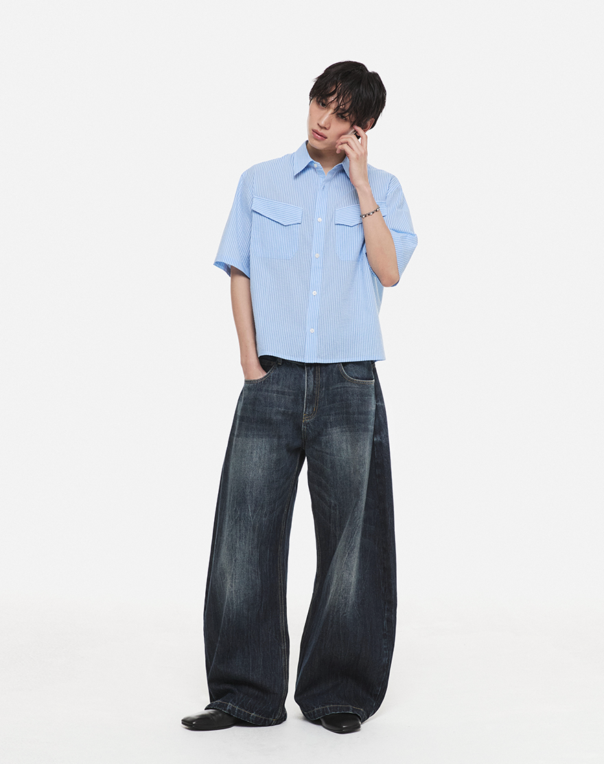 Linen Stripe Crop T-Shirt (Blue)