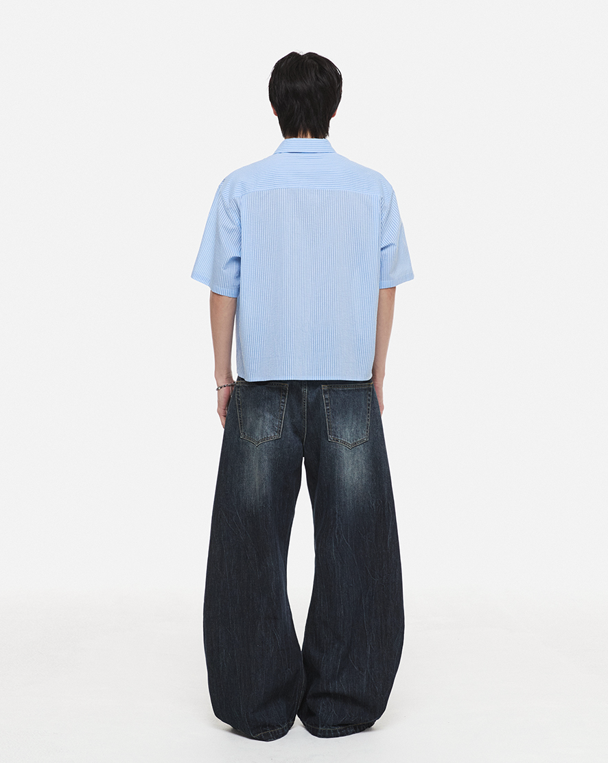 Linen Stripe Crop T-Shirt (Blue)