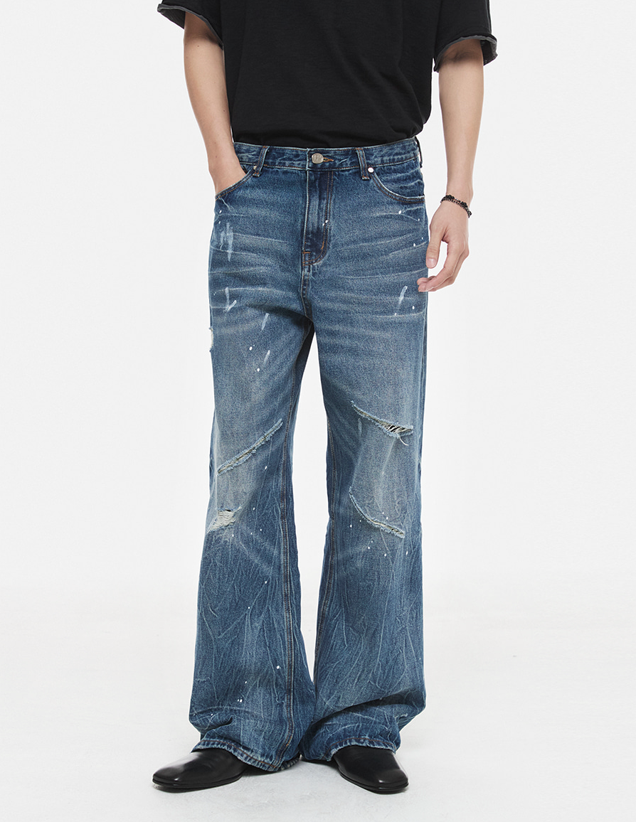 Distressed Splatter Denim Pants (Rust Blue)
