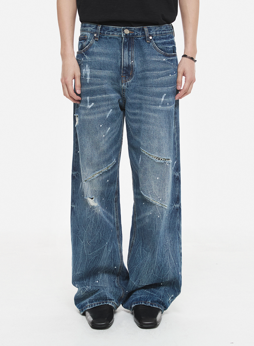 Distressed Splatter Denim Pants (Rust Blue)