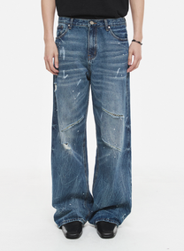 Distressed Splatter Denim Pants (Rust Blue)