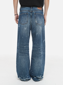 Distressed Splatter Denim Pants (Rust Blue)