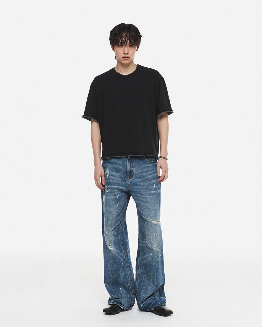 Distressed Splatter Denim Pants (Rust Blue)