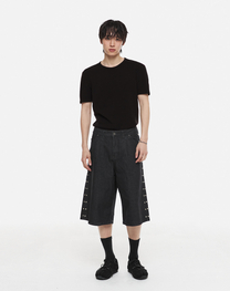 Side Rivet Bermuda Denim Pants (Black)