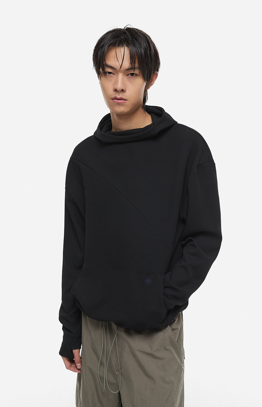 Waffle Hooded Fingerhole Long Sleeve (Black)
