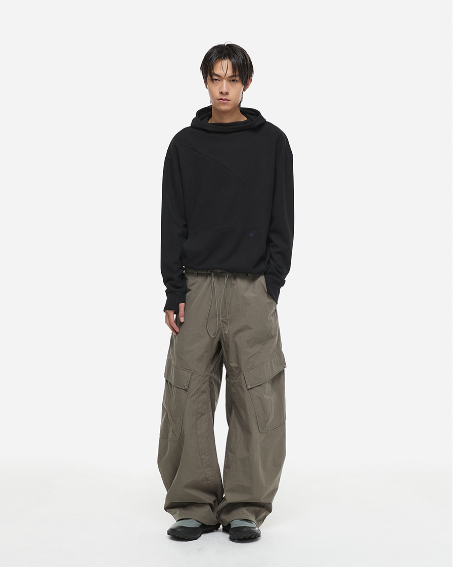 Waffle Hooded Fingerhole Long Sleeve (Black)