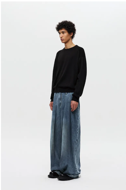 Multi-Pleated Denim Pants (Blue)