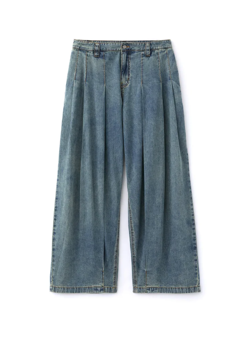 Multi-Pleated Denim Pants (Blue)