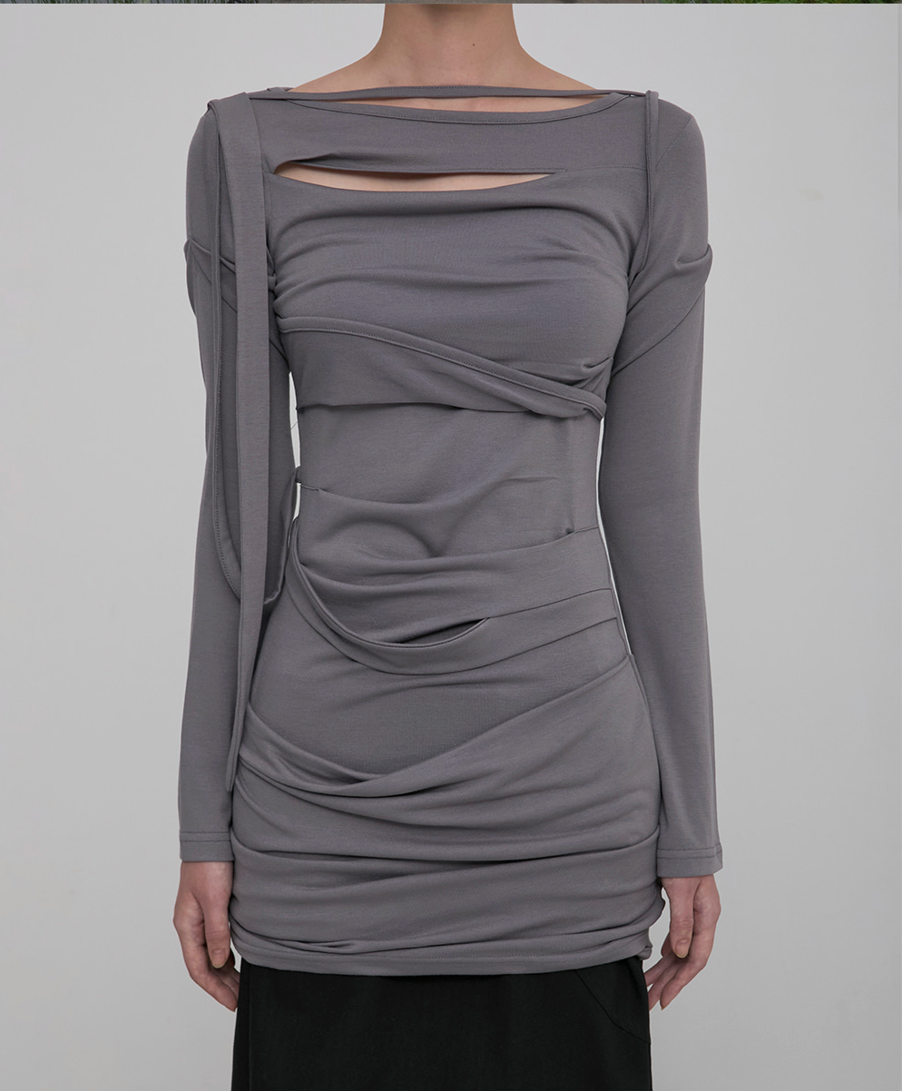 Asymmetrical Draped Long Dress (Gray)