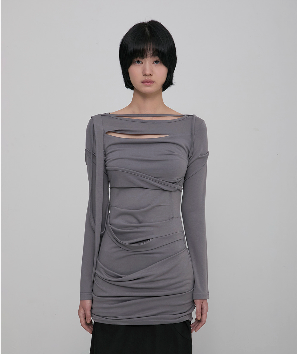 Asymmetrical Draped Long Dress (Gray)