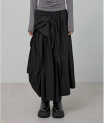 Asymmetrical Draped Layered Long Skirt (Black)
