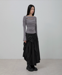 Asymmetrical Draped Layered Long Skirt (Black)