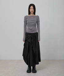 Asymmetrical Draped Layered Long Skirt (Black)