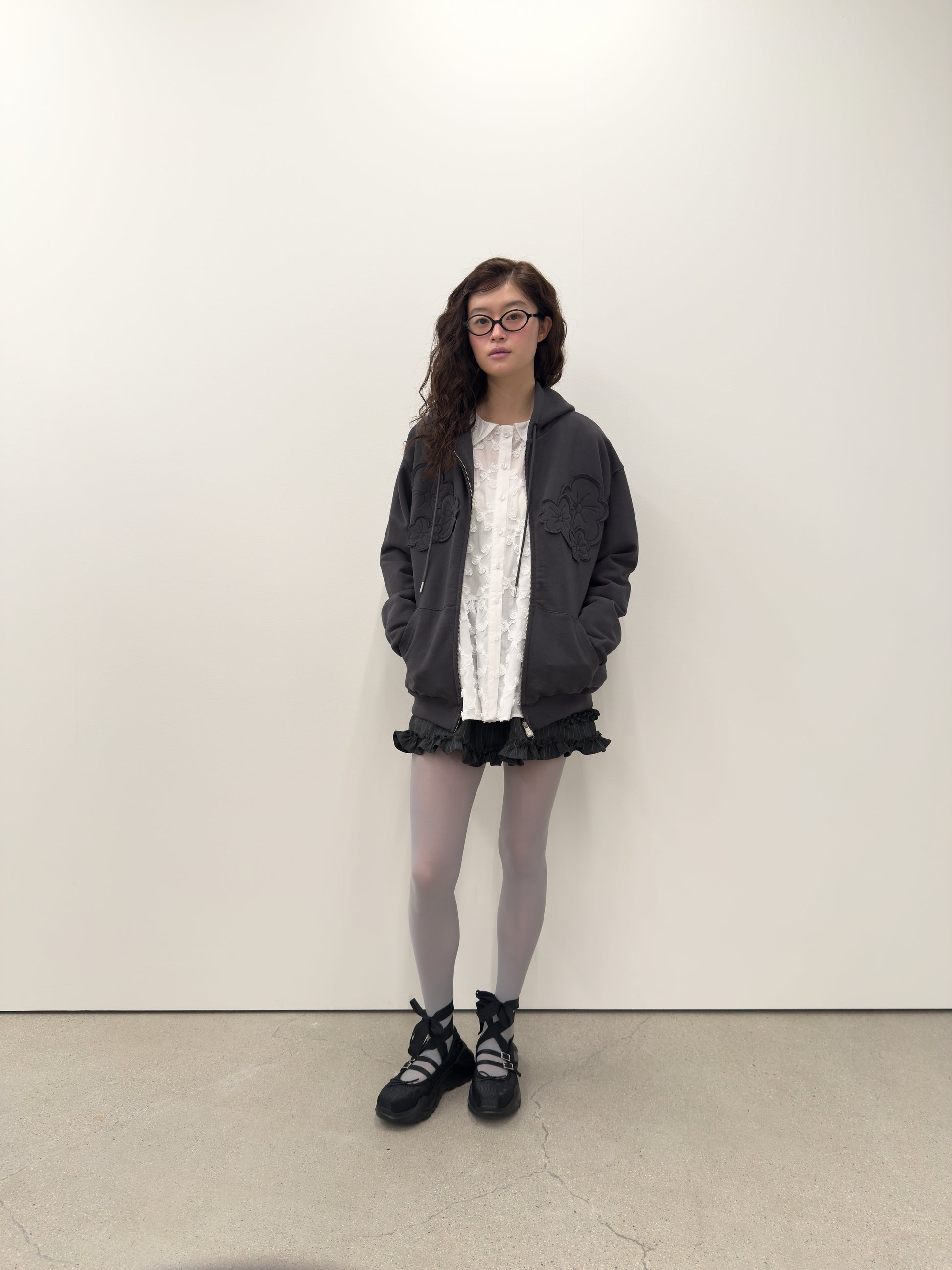 Flower Appliqué Zip Hoodie
