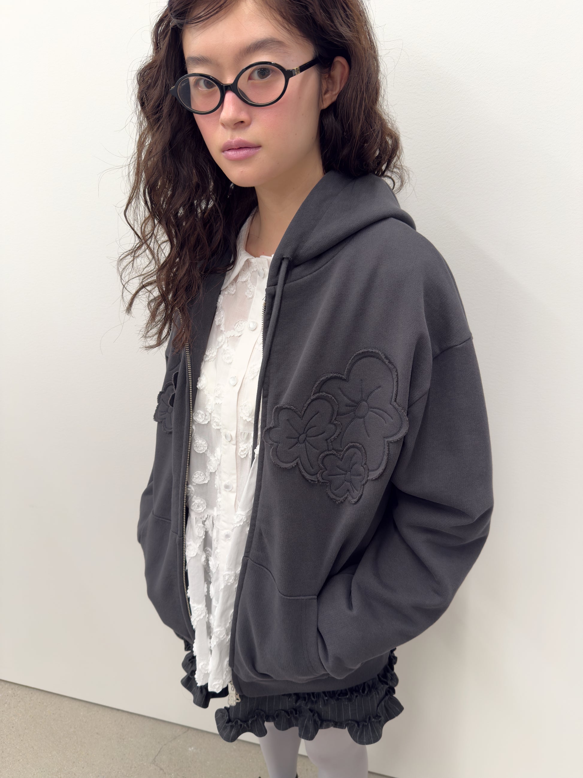 Flower Appliqué Zip Hoodie