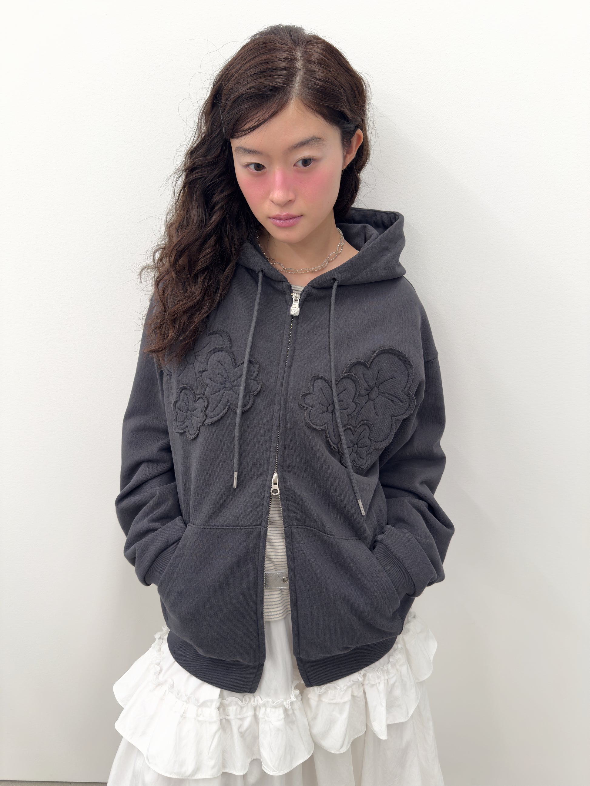 Flower Appliqué Zip Hoodie