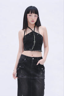 Denim Halter Top (Black)