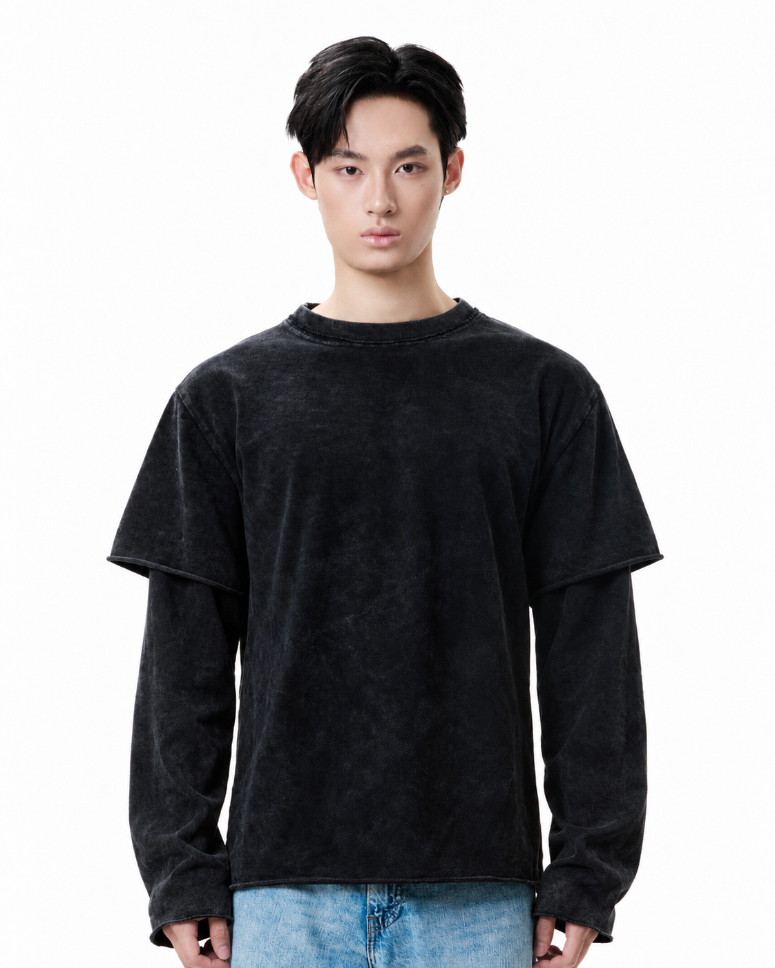 Washed Spray Long Sleeve Tee - Black