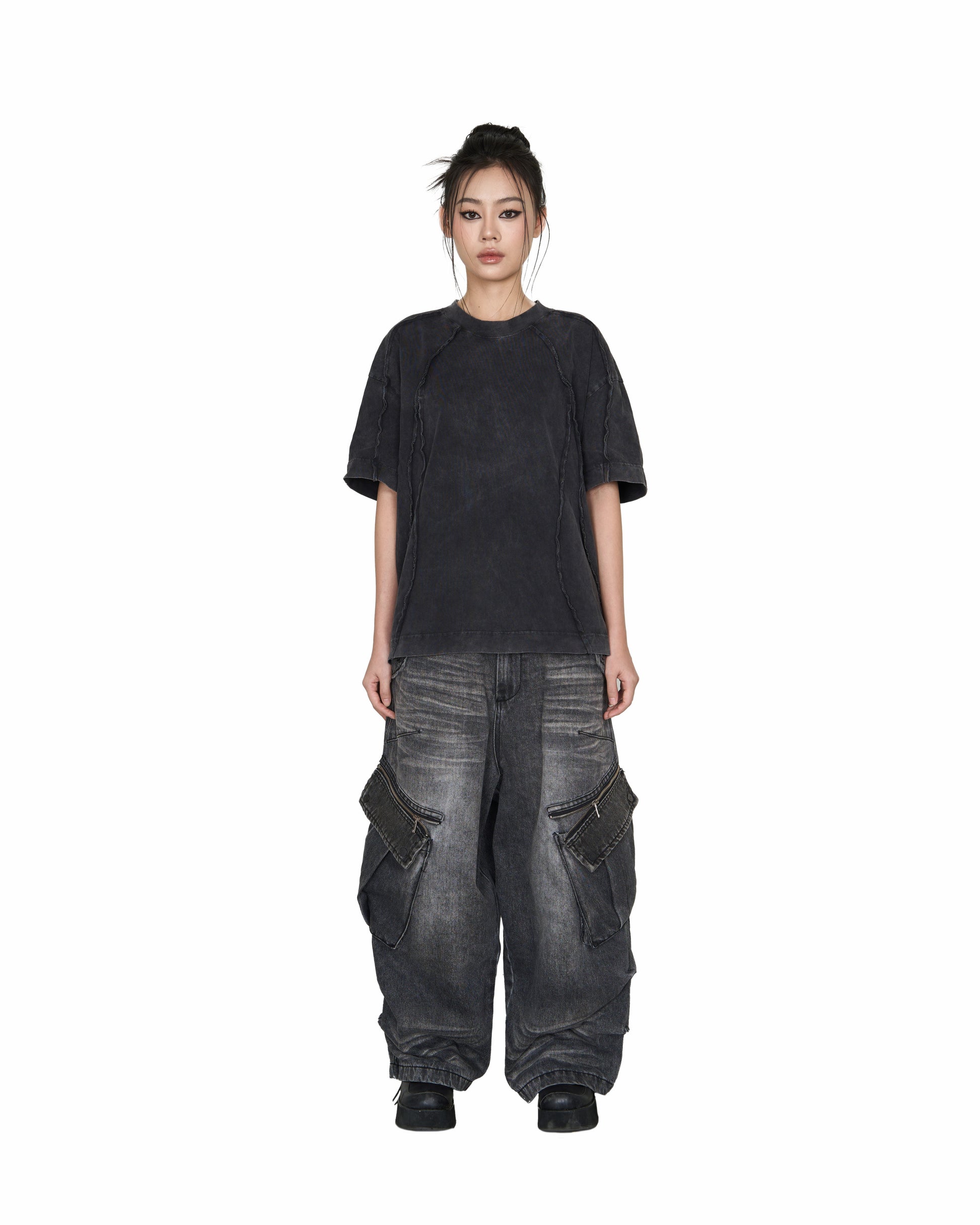 Washed Panelled T-Shirt - Black