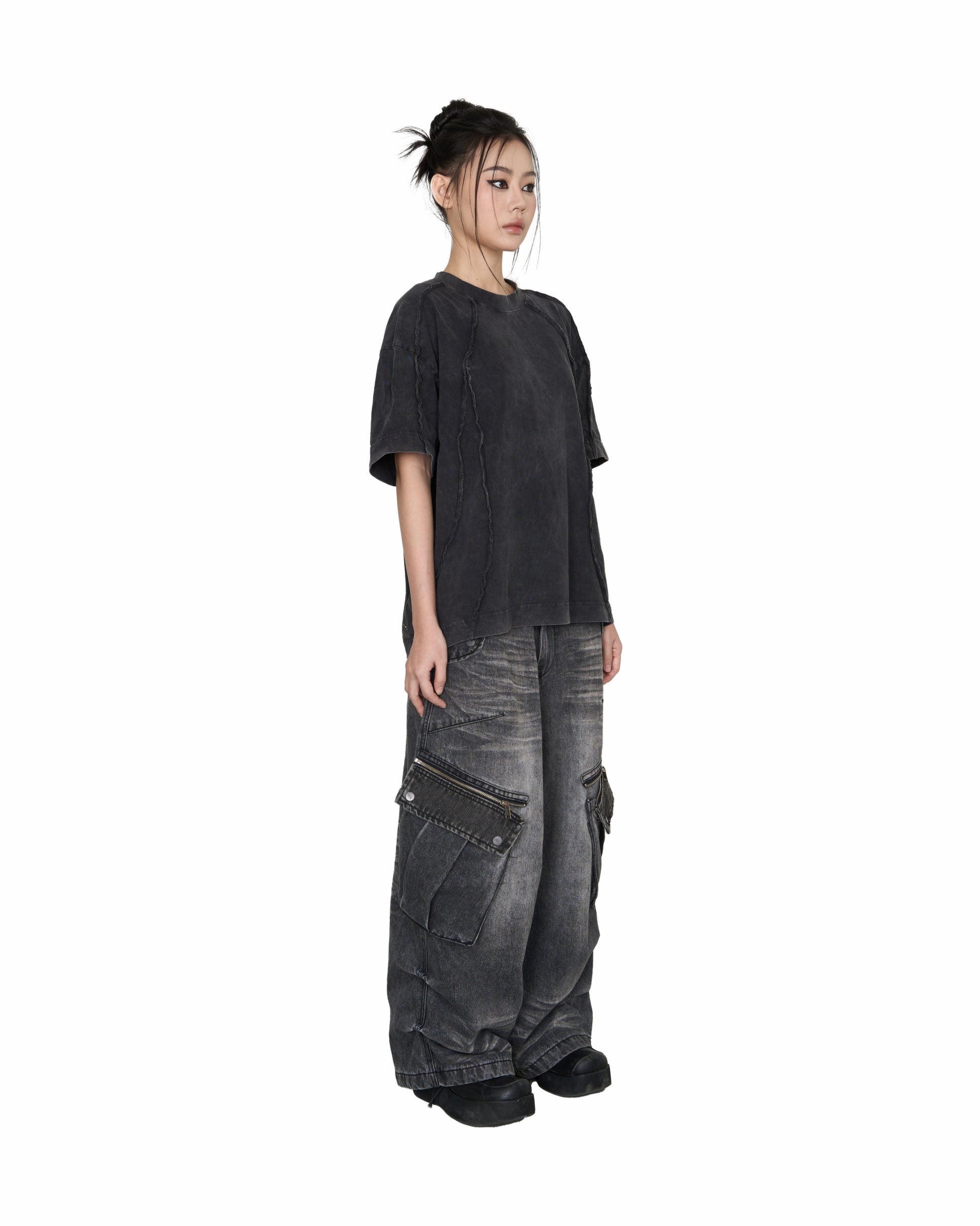 Washed Panelled T-Shirt - Black
