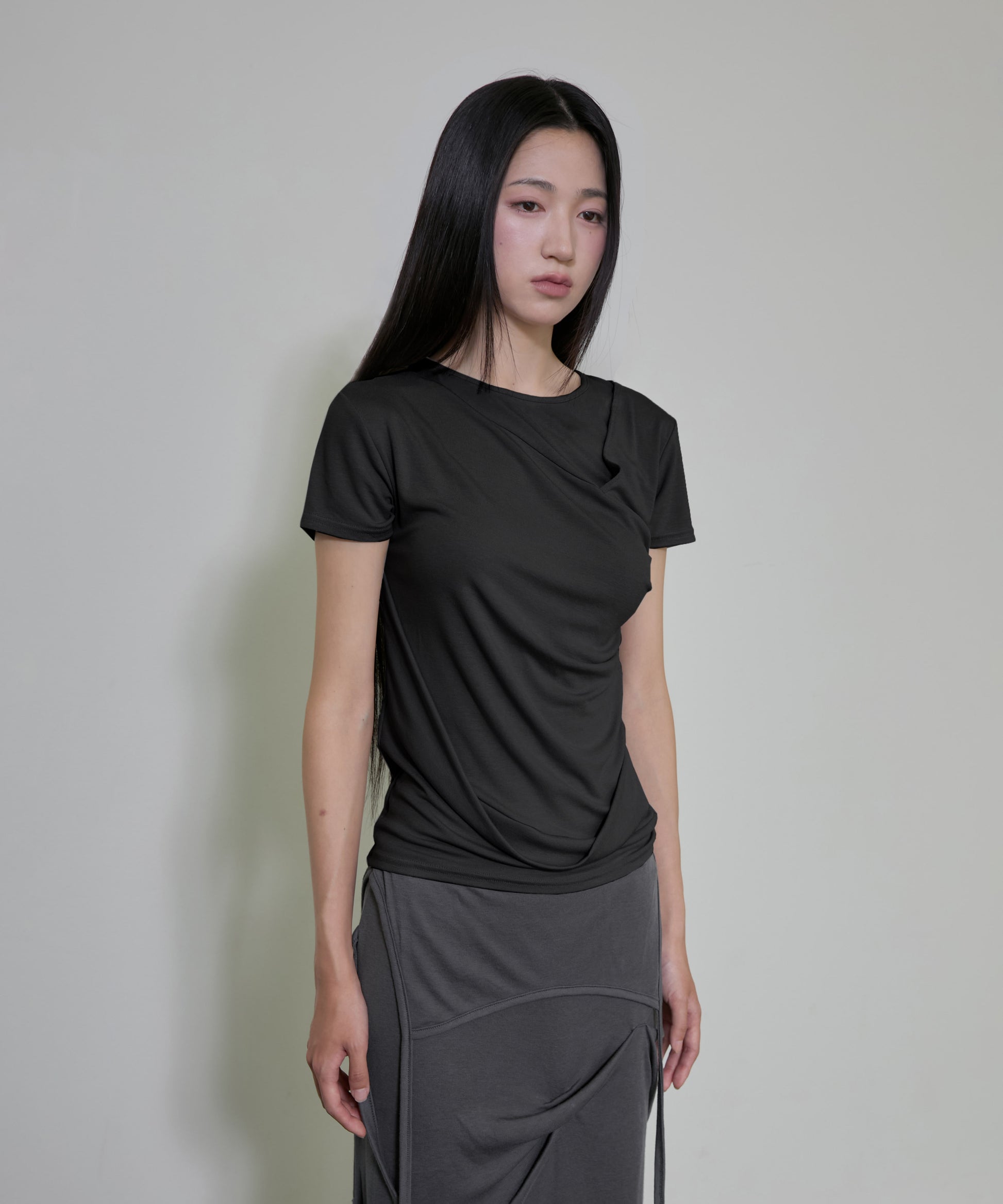 Asymmetrical Draped T-Shirt (Black)