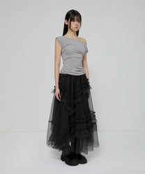 Tulle Layered Long Skirts (Black)