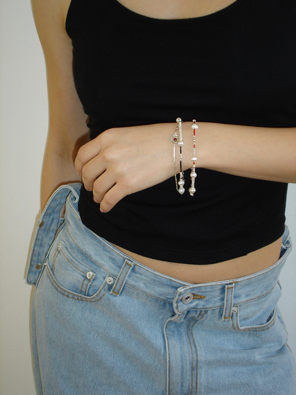 Red Thread Silver Pearl Bracelet