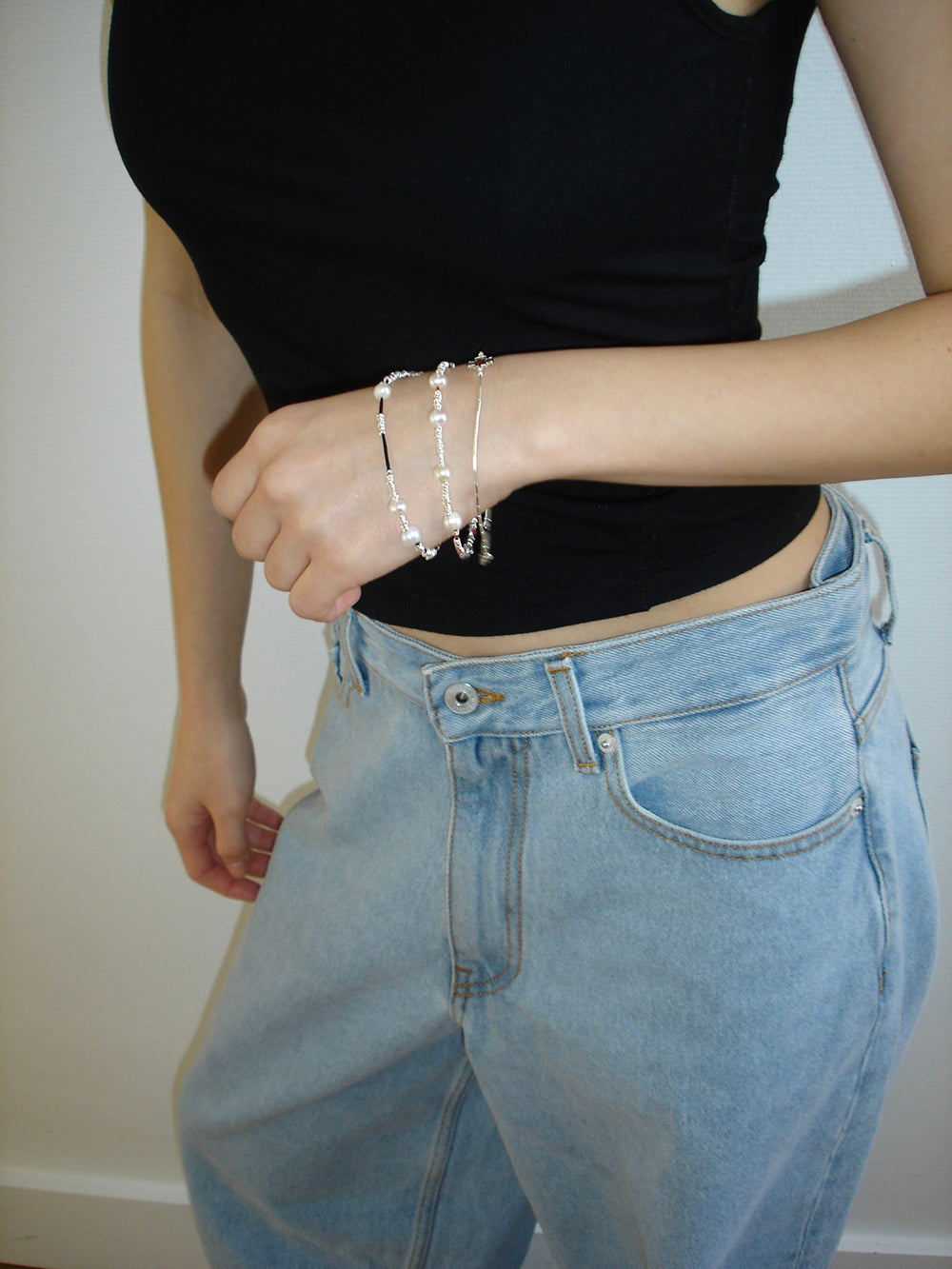 Black Thread Silver Pearl Bracelet
