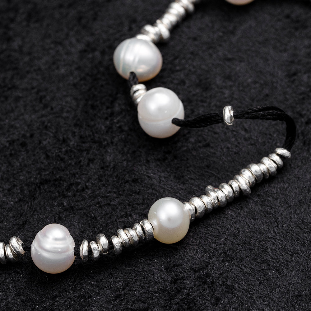 Black Thread Silver Pearl Bracelet