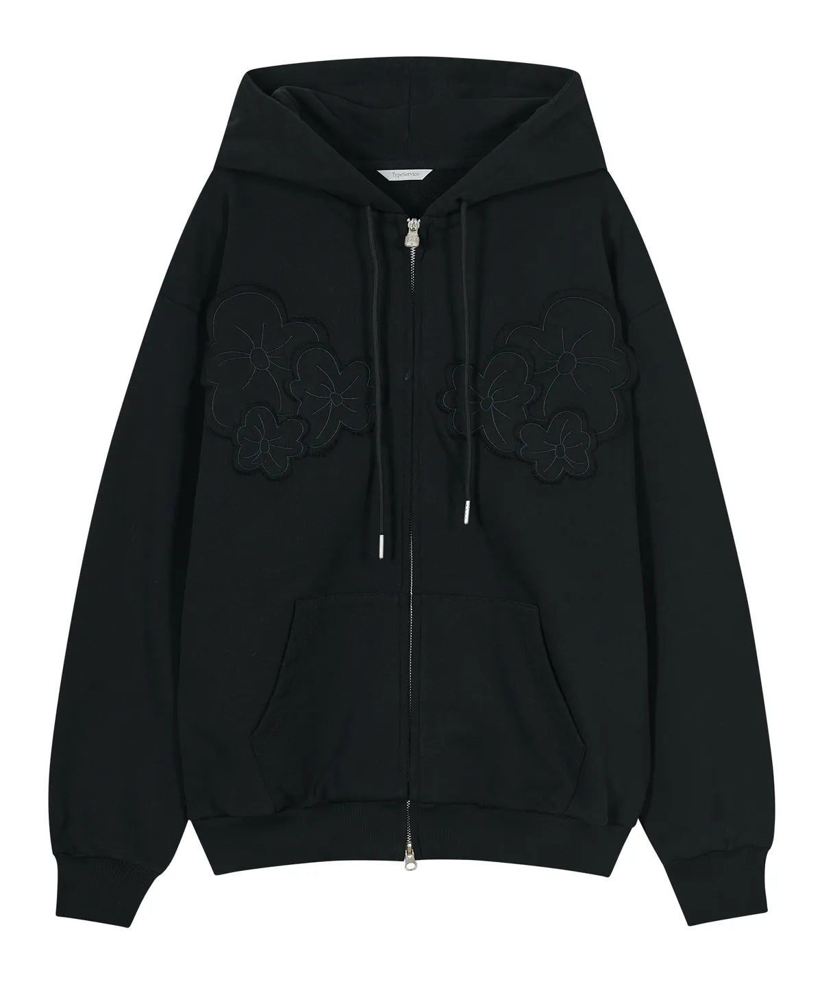 Flower Appliqué Zip Hoodie [Black]